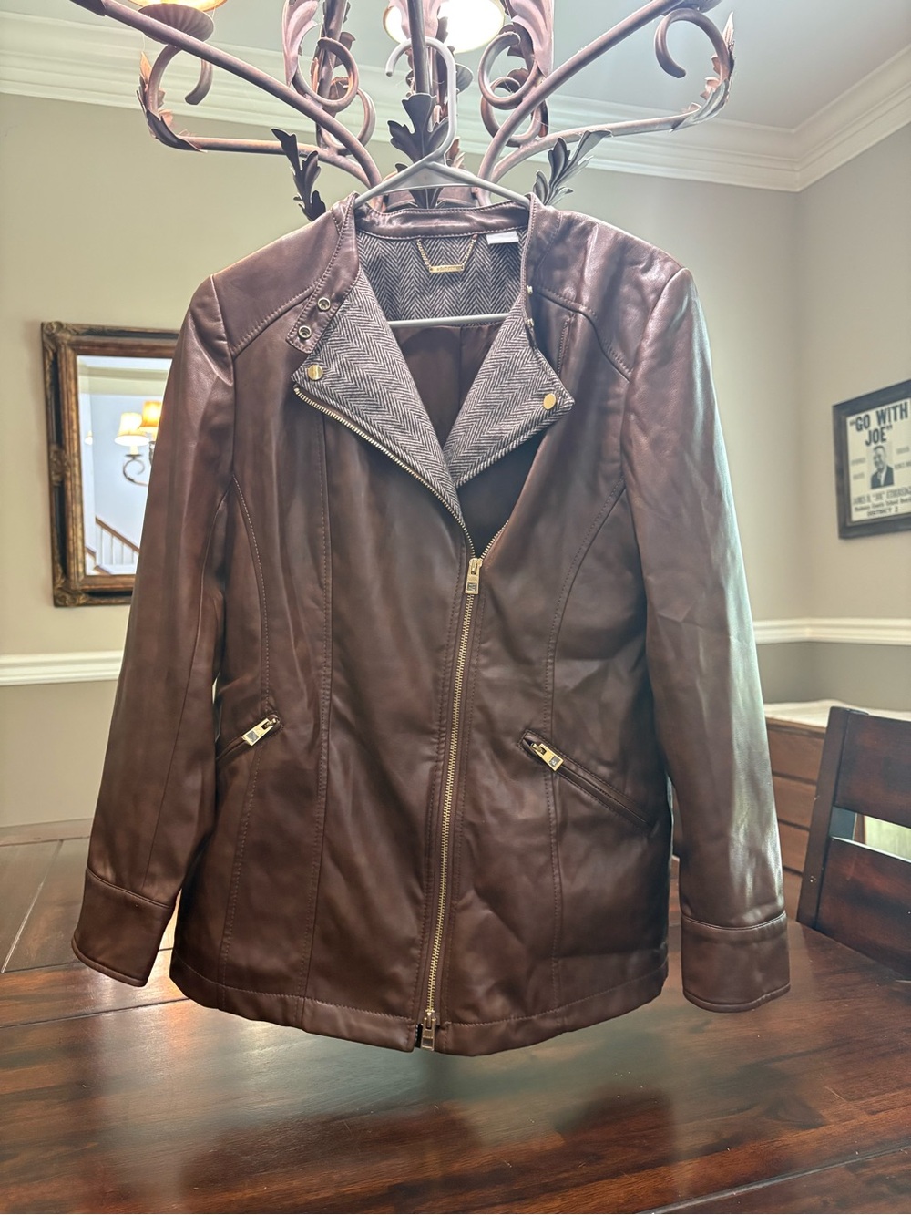 Chico's Brown Faux Leather Moto Jacket with Herringbone Trim, Size 4/6 (NWOT)